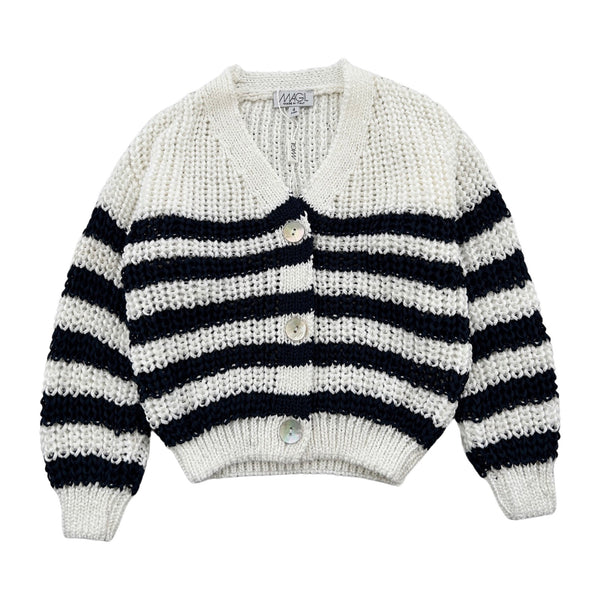 CARDIGAN A RIGHE BIANCO/BLU