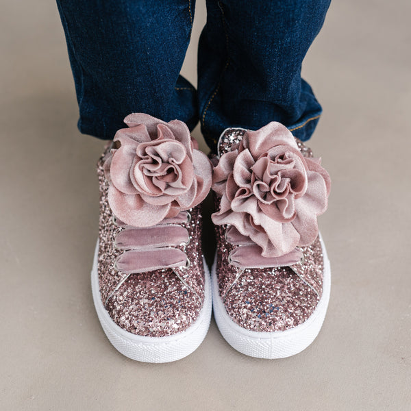 SNEAKERS GLITTER CON FIORE VELLUTO