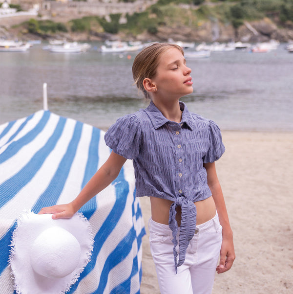 Camicia con nodo microvichy blu