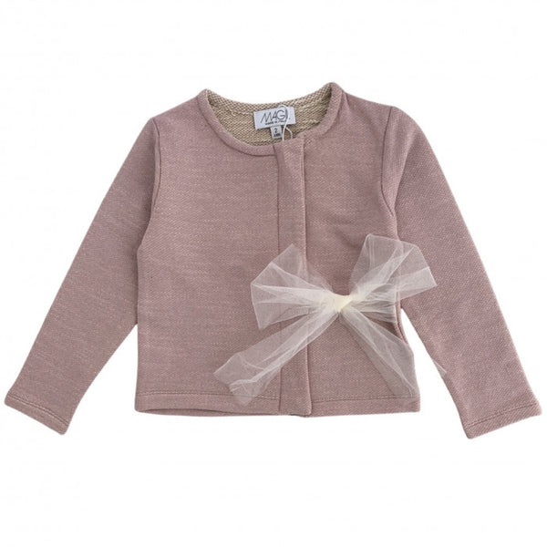 Pink fleece cardigan with tulle bow