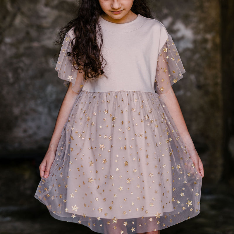 COMBINED MILAN STITCH AND STAR TULLE DRESS