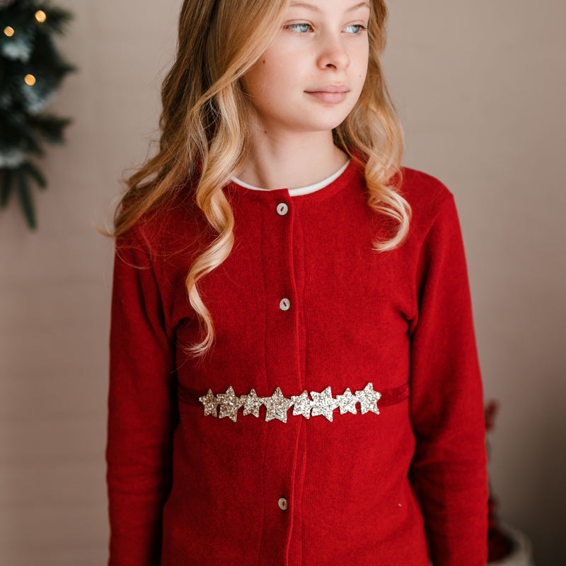 RED WARM COTTON CARDIGAN WITH STAR BELT