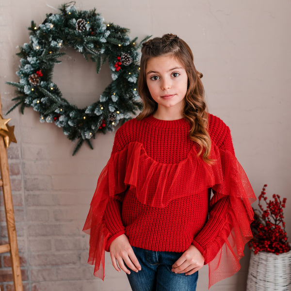 RED PULLOVER WITH TULLE FLOUNCE DETAIL